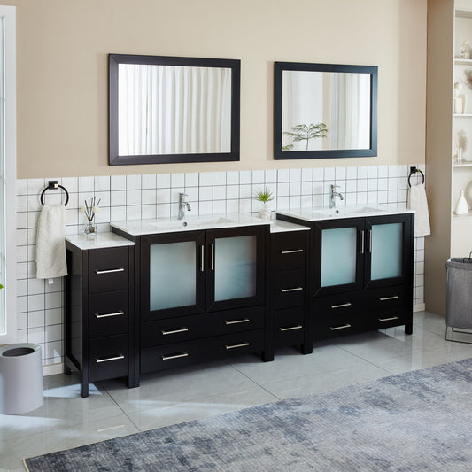 96 Inch Double Sink Bathroom Vanity in Espresso with Ceramic Countertop - Vanity Art VA3036-96E