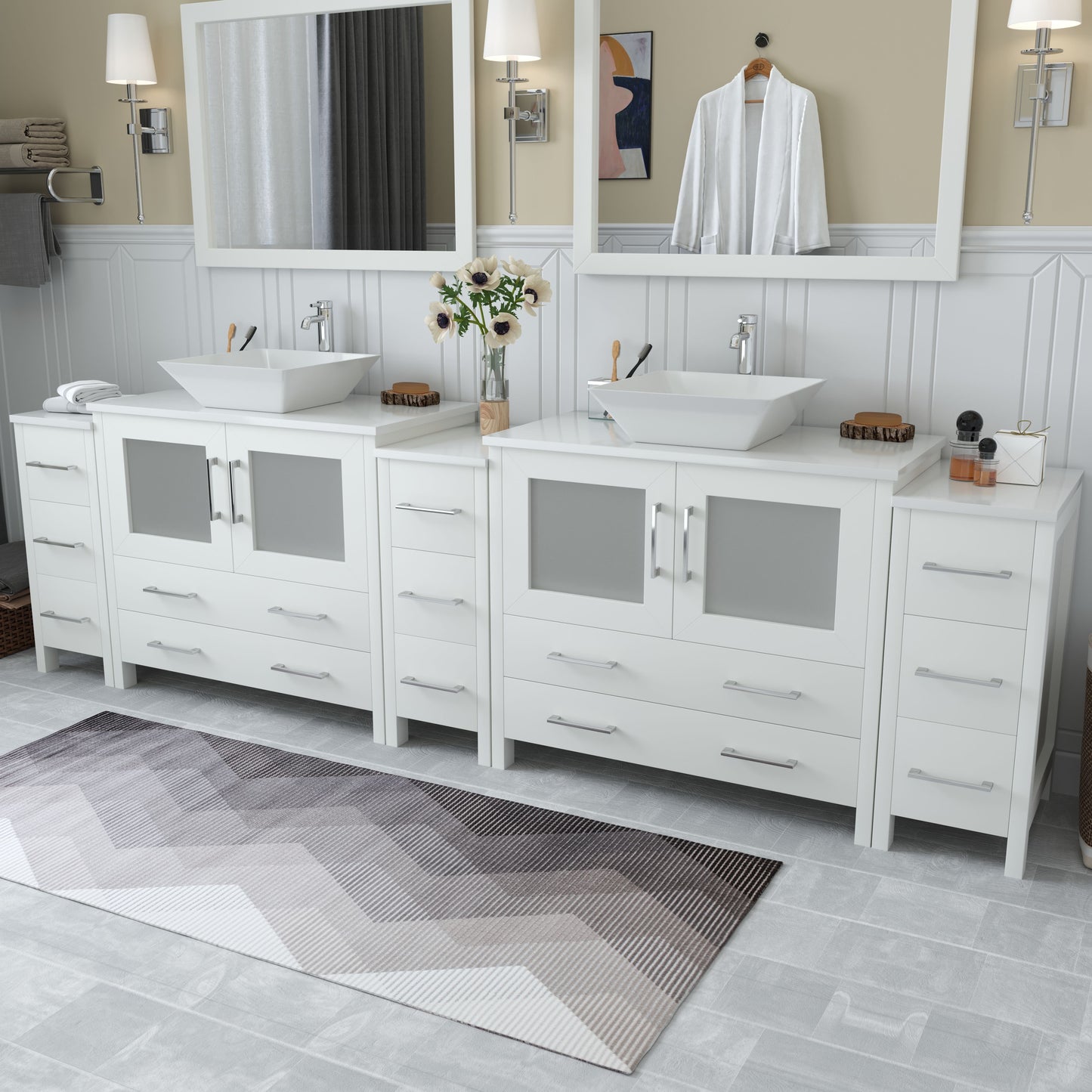 108 Inch Double Sink Bathroom Vanity in White with Marble Countertop - Vanity Art VA3136-108W