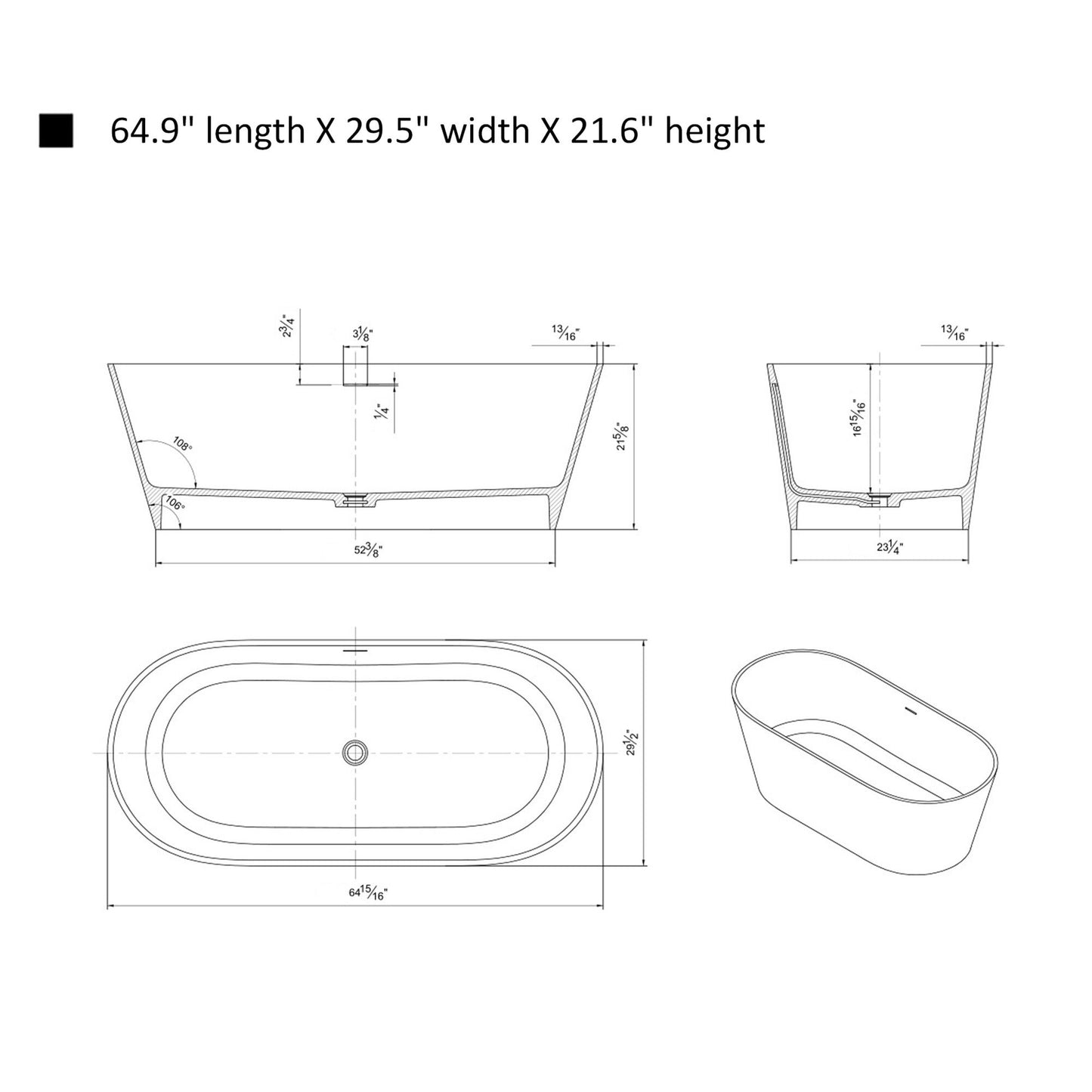 Freestanding Solid Surface Resin Glossy Bathtub 65 Inch x 29.5 Inch - Vanity Art VA6912-GL