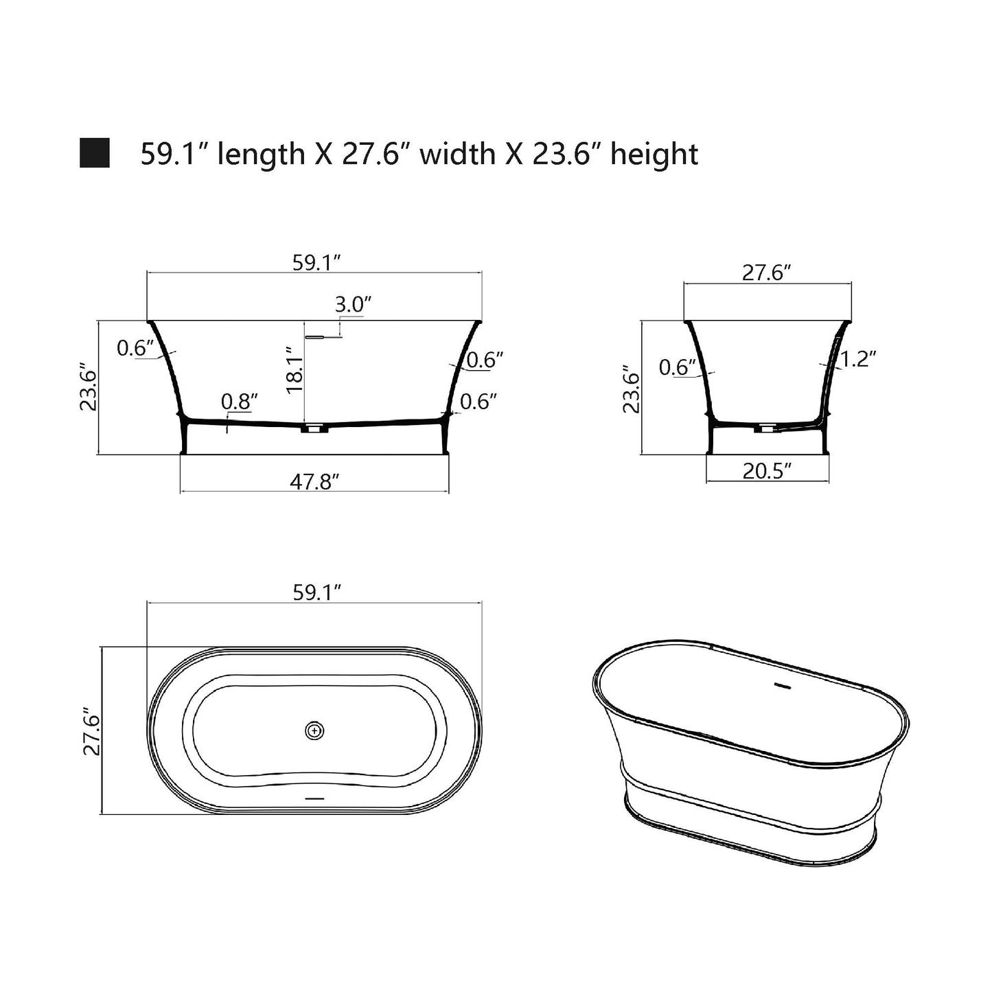 Freestanding Solid Surface Resin Matte Bathtub 59 Inch x 27.5 Inch - Vanity Art VA6919-MS