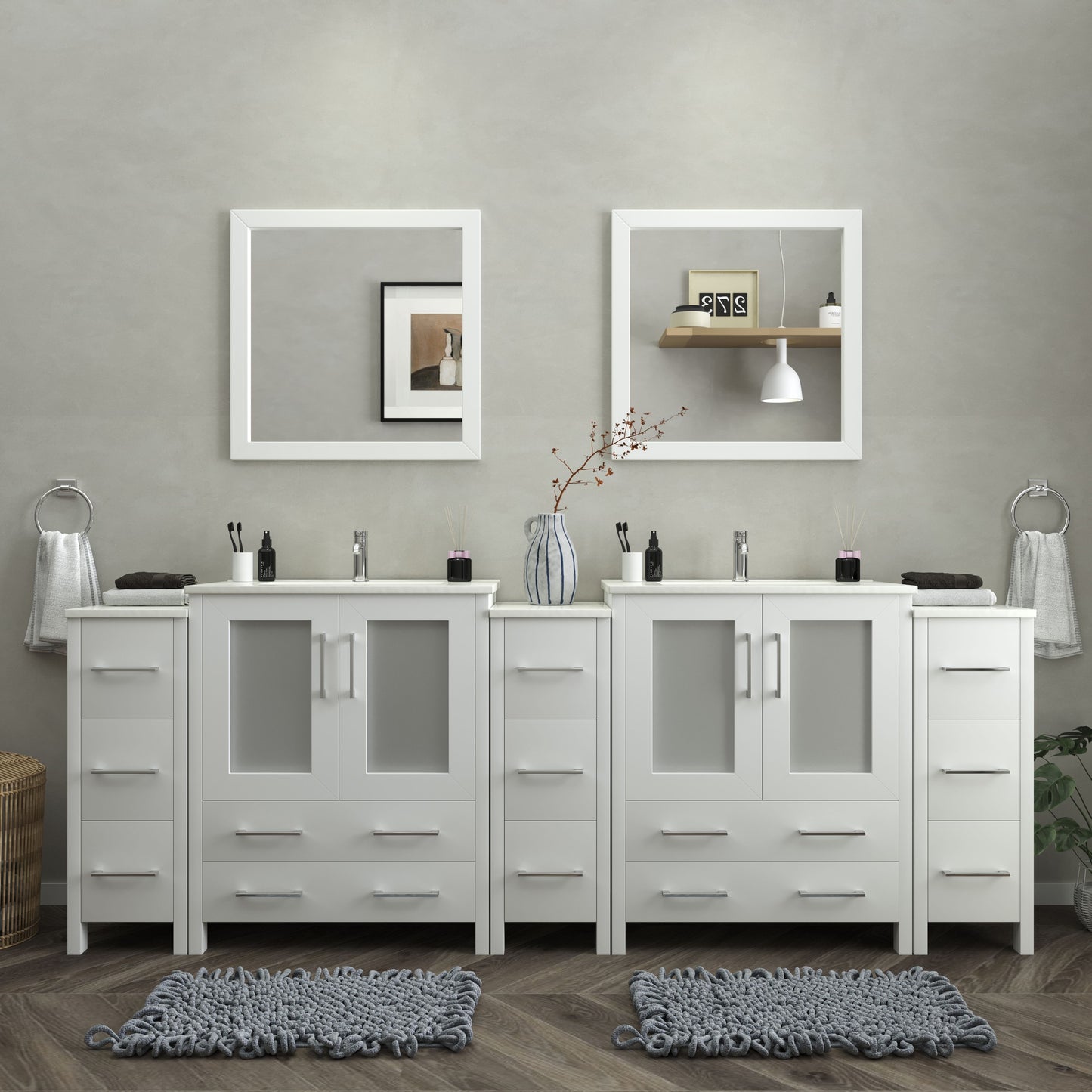 96 Inch Double Sink Bathroom Vanity in White with Ceramic Countertop - Vanity Art VA3030-96W