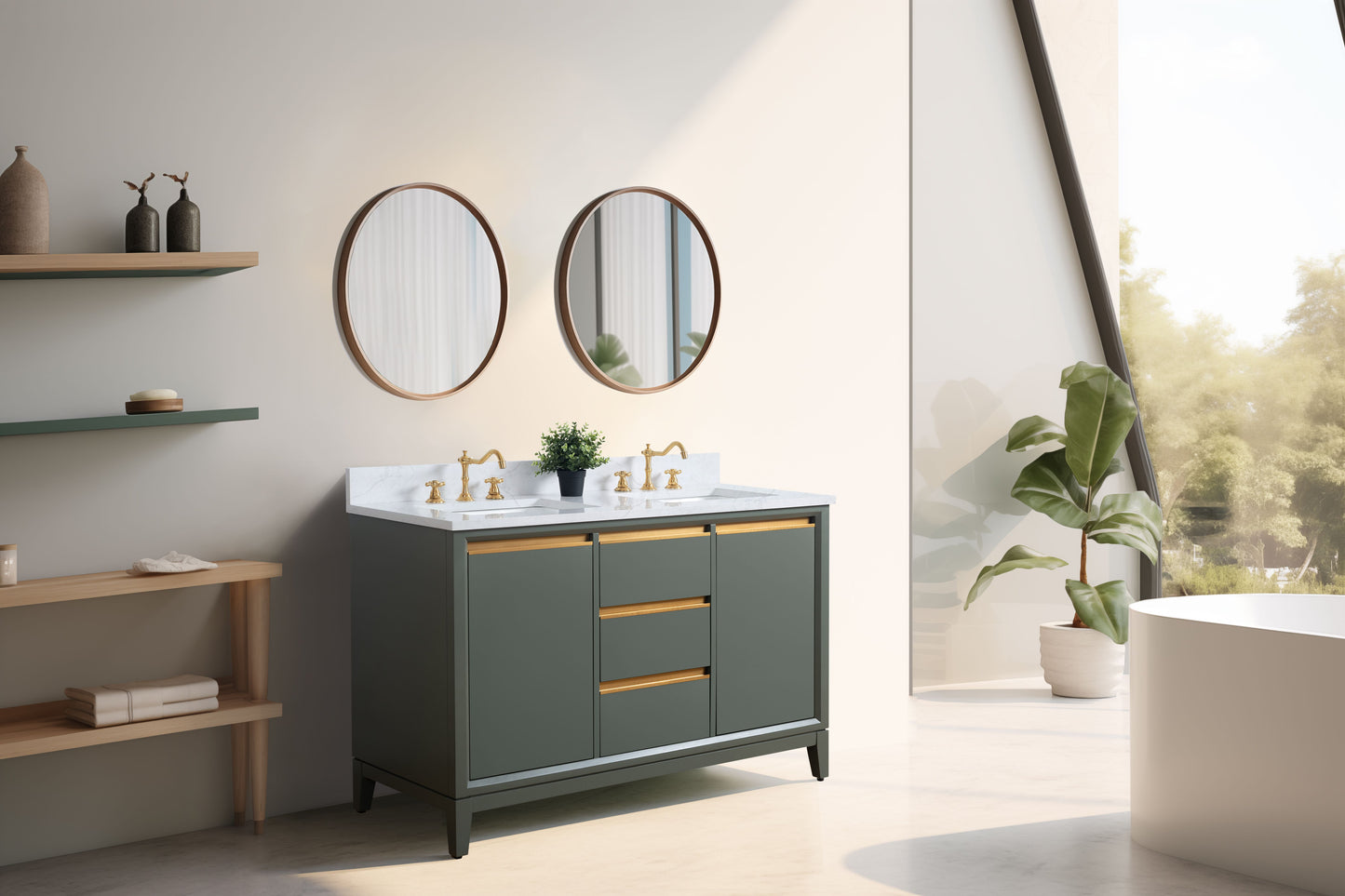 54 Inch Double Sink Bathroom Vanity in Vintage Green with Marble Countertop - Vanity Art VA8054-DVG