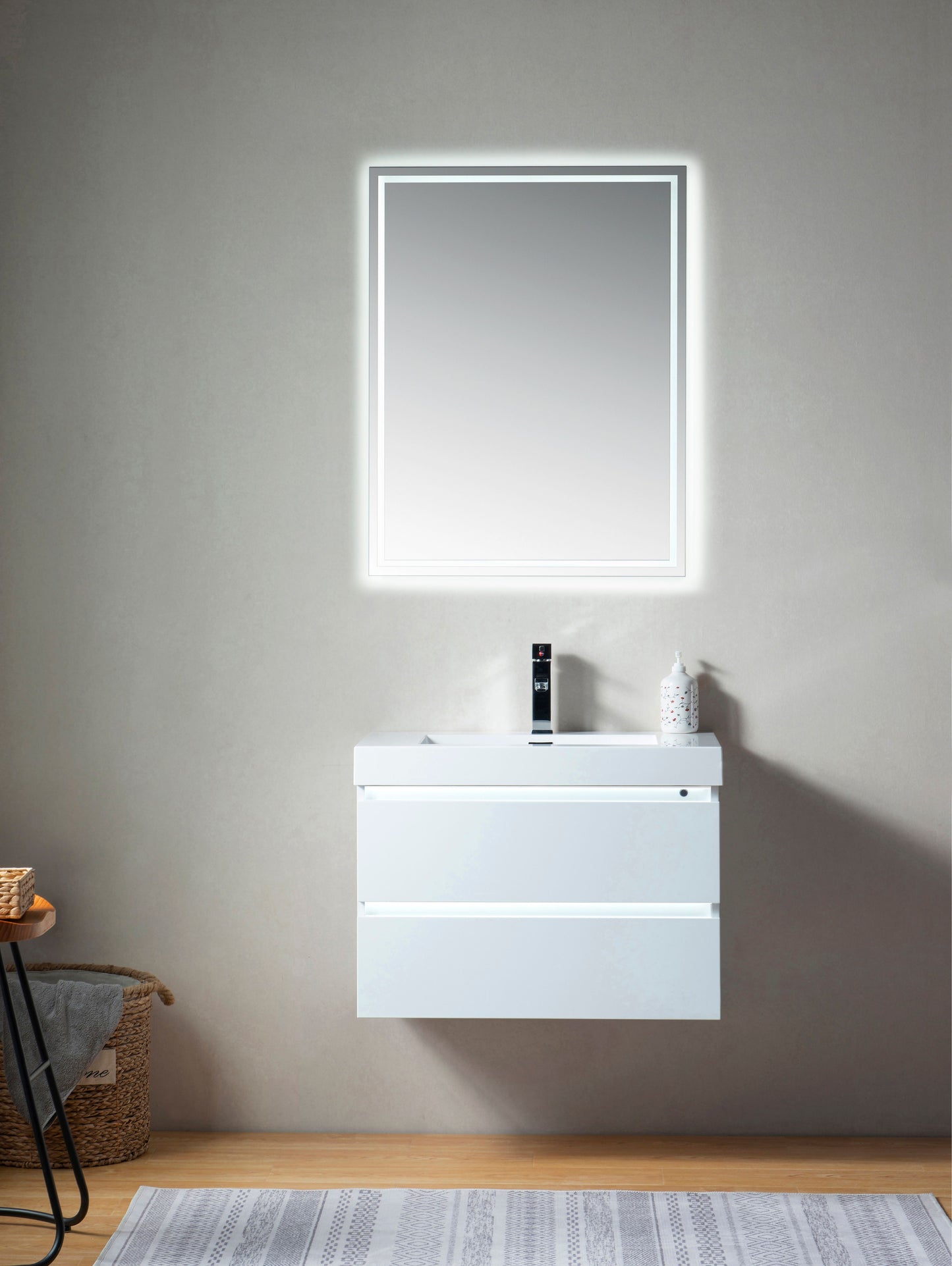 30 Inch LED Lighted Wall Hung Single Sink Bathroom Vanity in White with Resin Top - Vanity Art VA6030WL