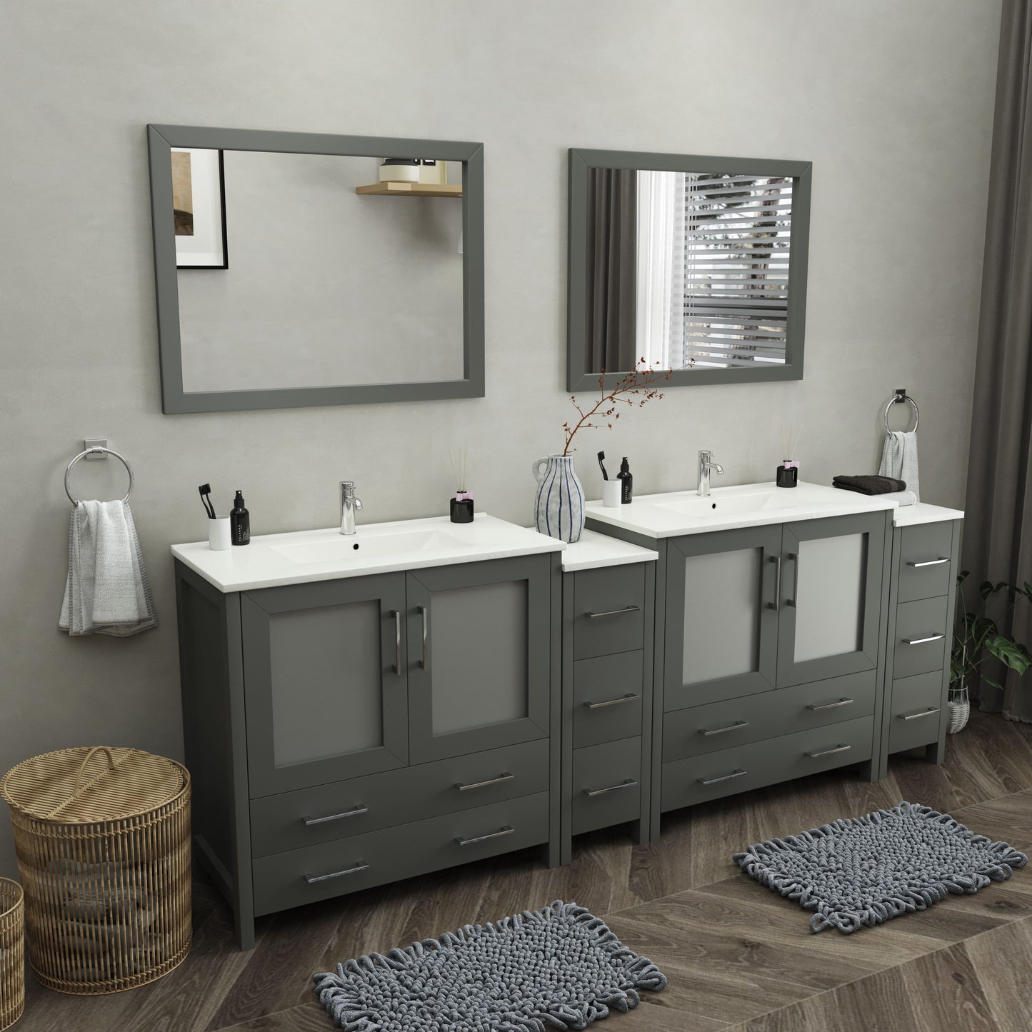 96 Inch Double Sink Bathroom Vanity in Gray with Ceramic Countertop - Vanity Art VA3036-96G