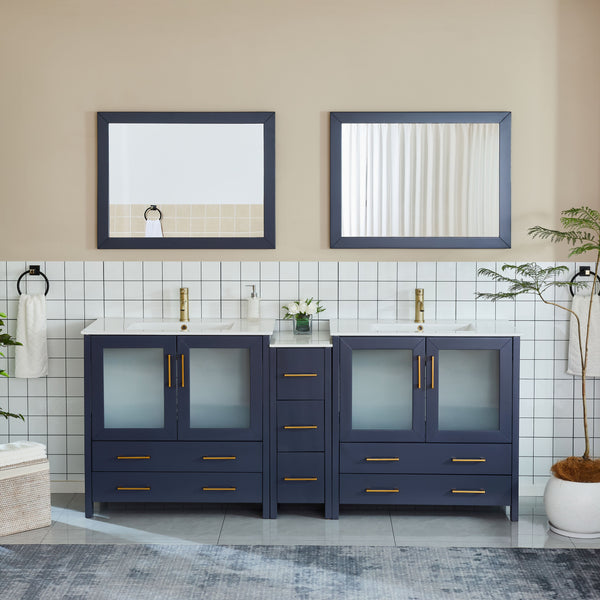 84 Inch Double Sink Bathroom Vanity in Blue with Ceramic Countertop - Vanity Art VA3036-84B