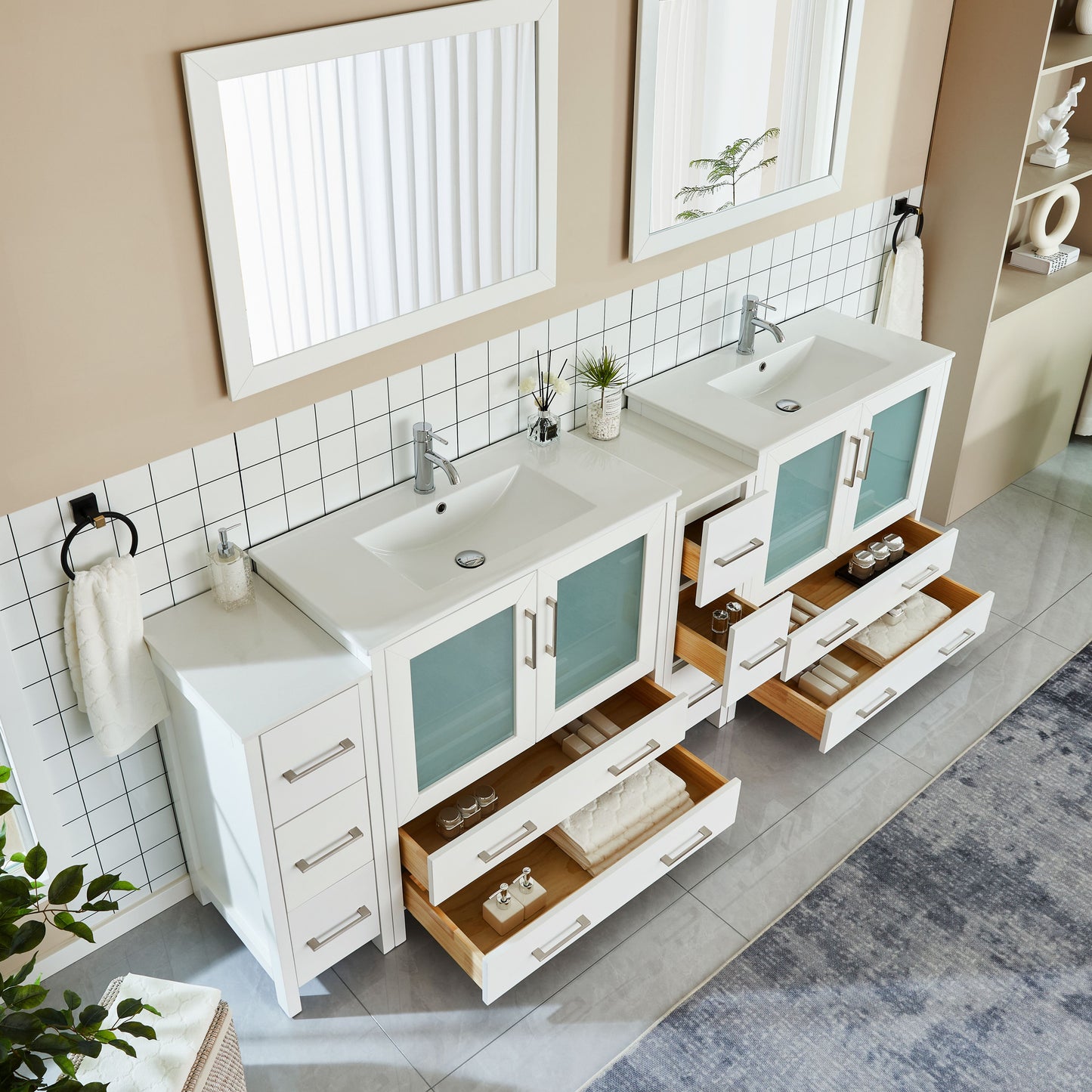 96 Inch Double Sink Bathroom Vanity in White with Ceramic Countertop - Vanity Art VA3036-96W