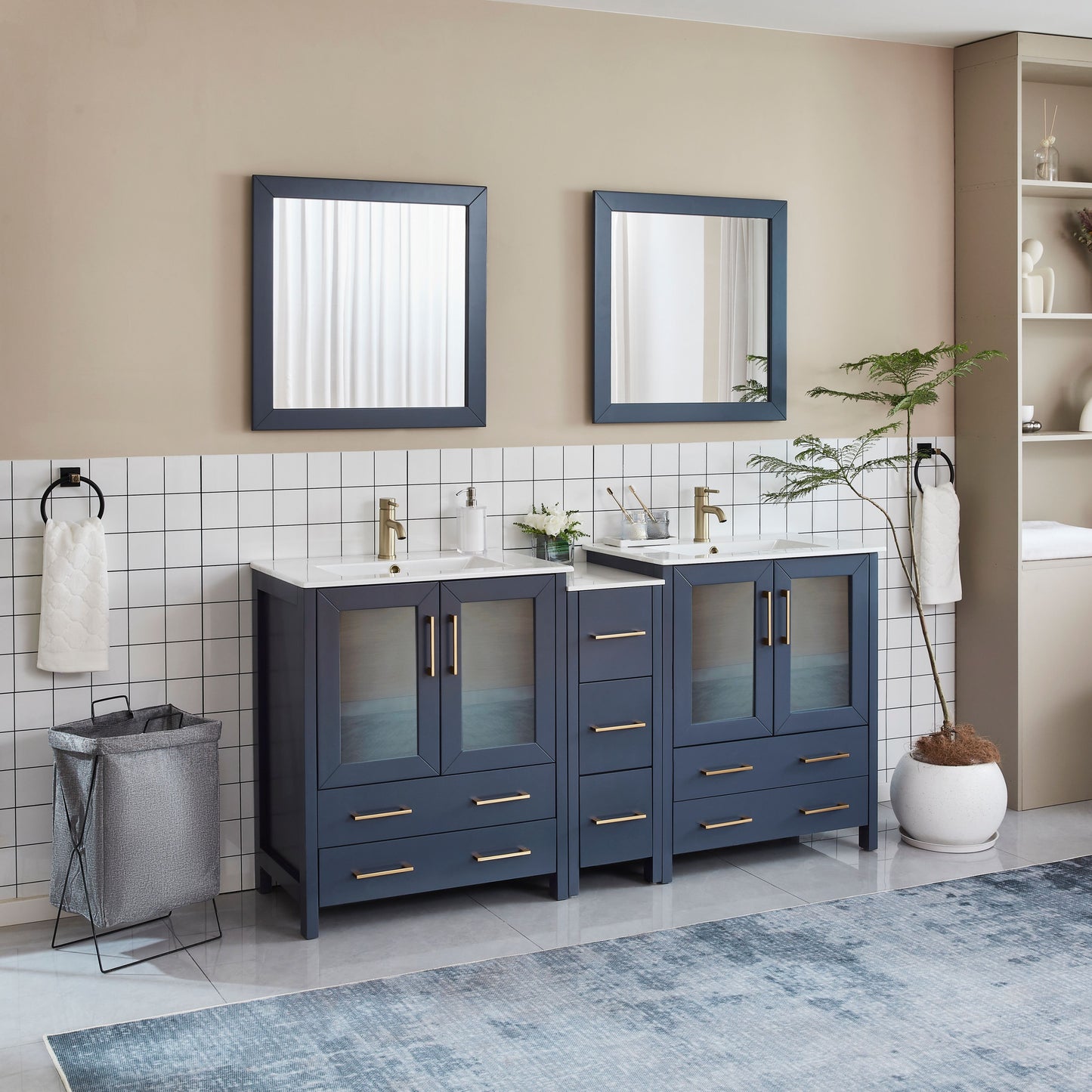 72 Inch Double Sink Bathroom Vanity in Blue with Ceramic Countertop - Vanity Art VA3030-72B