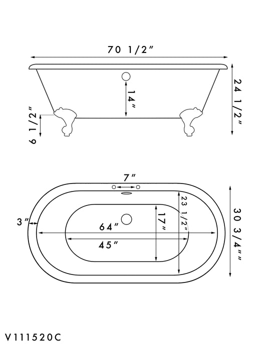 Acrylic Double Ended Clawfoot Soaking Tub with Faucet Drillings and Brushed Nickel Feet - ADE-DH-BN