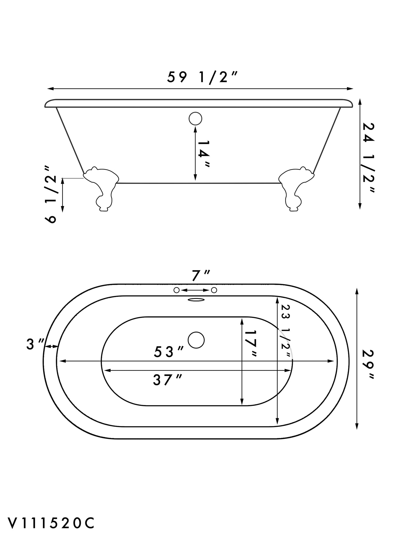 Acrylic Double Ended Clawfoot Bathtub and Complete Chrome Plumbing Package - ADE60-463D-2-PKG-CP-7DH