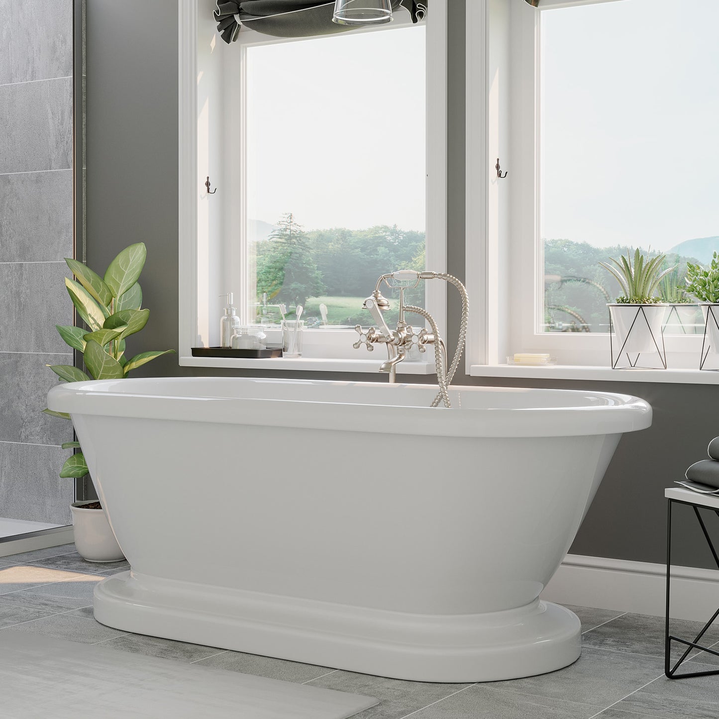 Acrylic Double Ended Pedestal Bathtub with Continuous Rim and Complete Brushed Nickel Plumbing Package - ADEP-398463-PKG-BN-NH