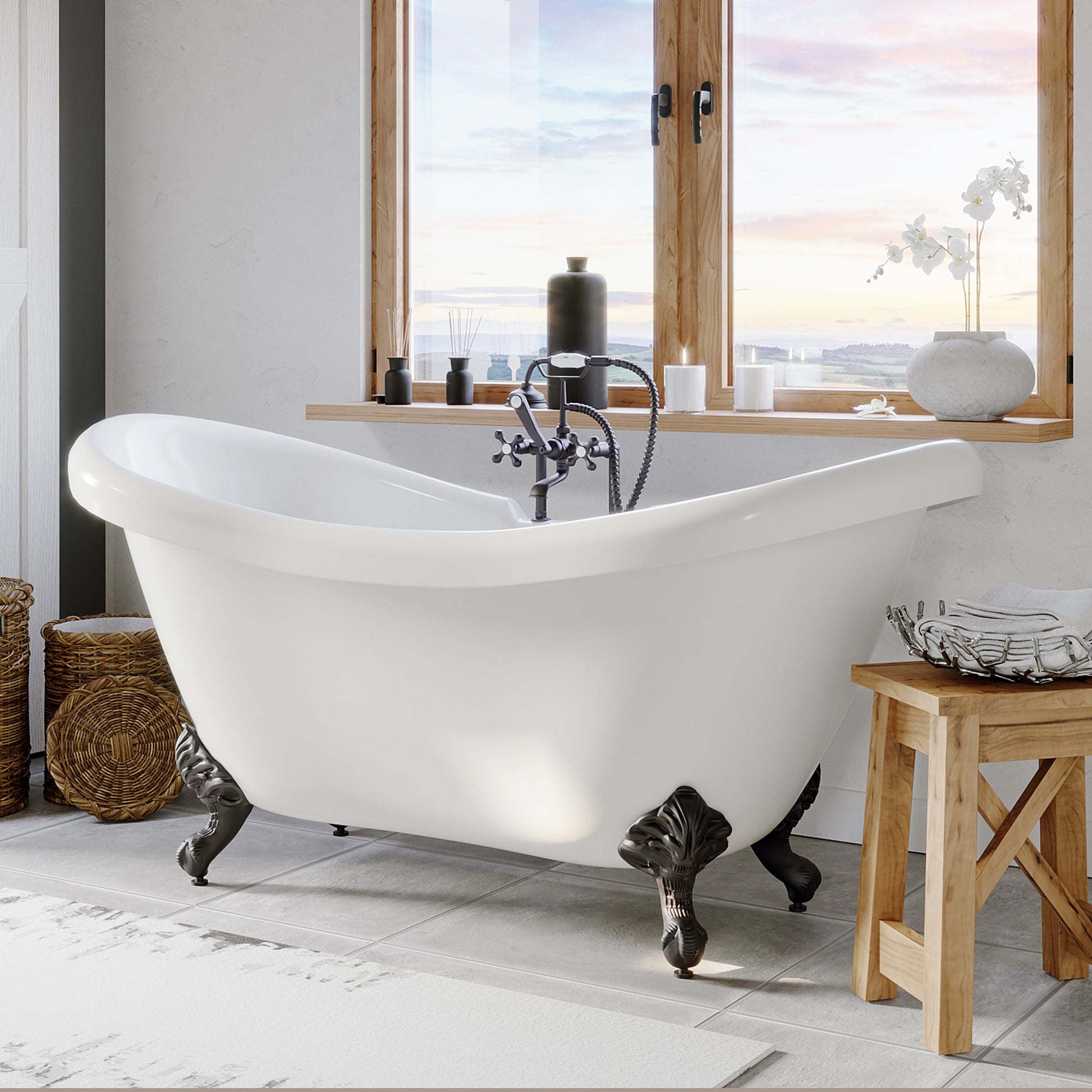 Acrylic Double Slipper Bathtub with Faucet Holes and Oil Rubbed Bronze Feet - ADES-DH-ORB