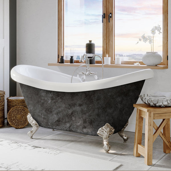 Hand Painted Scorched Platinum Acrylic Double Slipper Bathtub with Brushed Nickel Feet, No Faucet Holes - ADES-DH-BN-SP