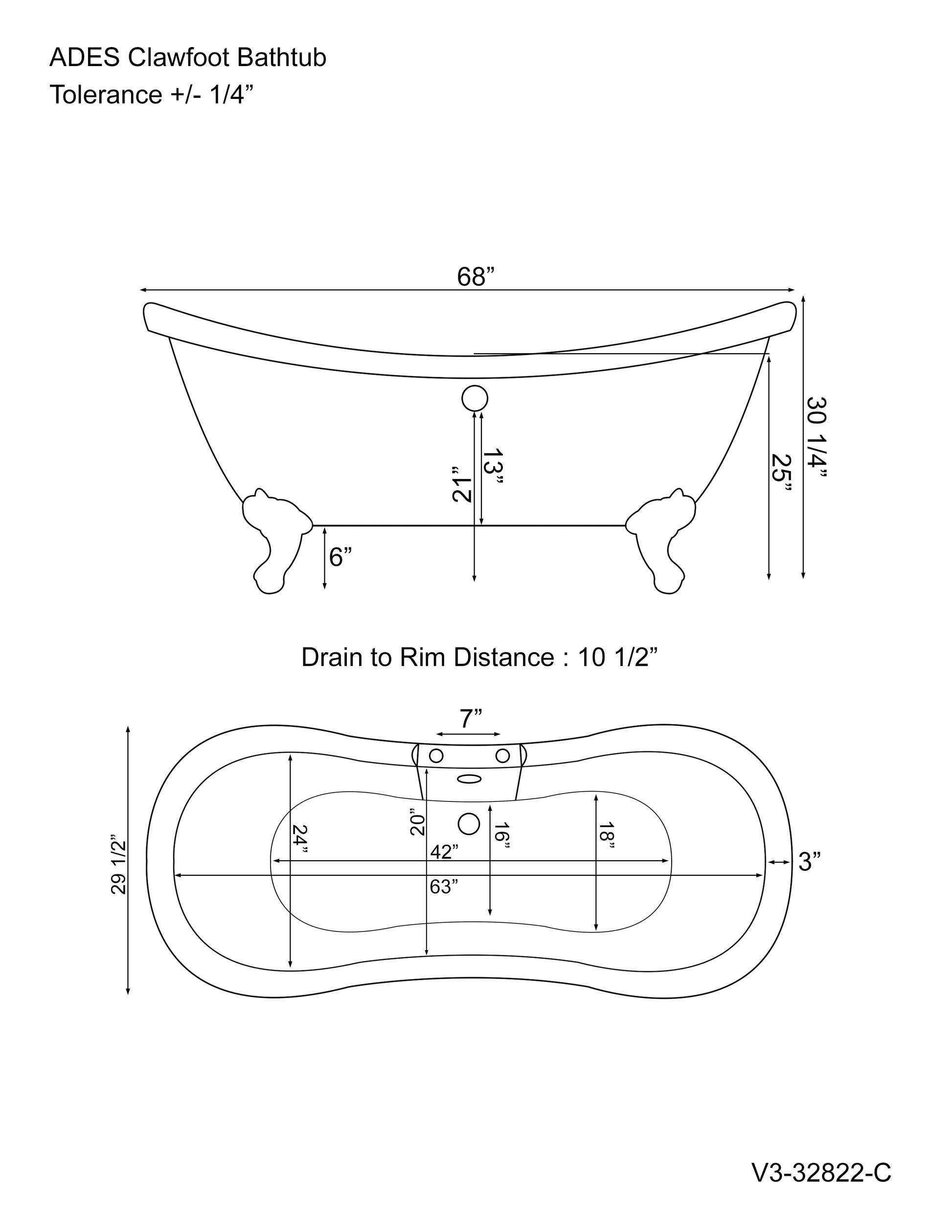 Acrylic Double Slipper Bathtub and Complete Polished Chrome Plumbing Package - ADES-463D-6-PKG-CP-7DH