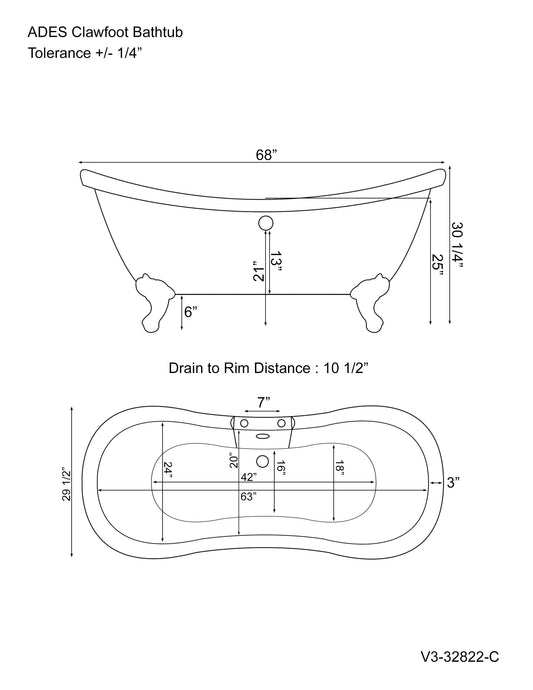 Acrylic Double Slipper Bathtub and Complete Polished Chrome Plumbing Package - ADES-684D-PKG-CP-7DH