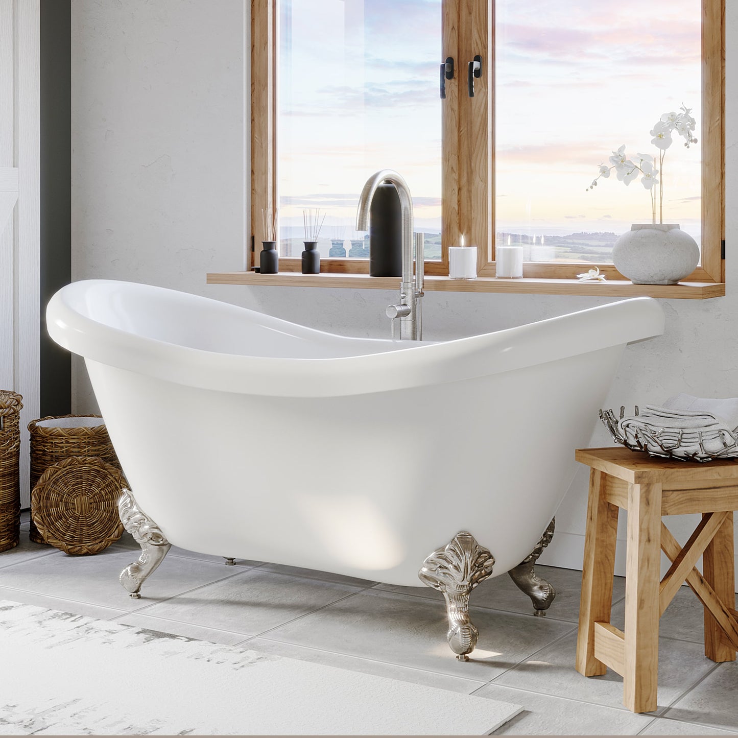 Acrylic Double Slipper Soaking Tub with Continuous Rim and Brushed Nickel Feet - ADES-NH-BN