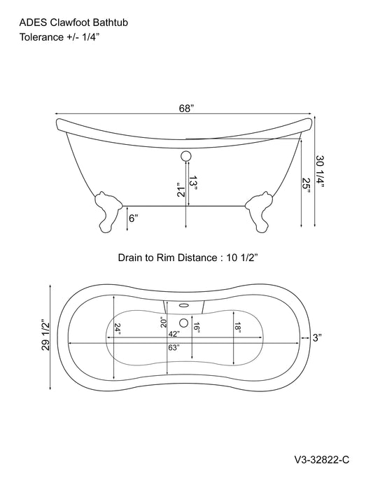 Acrylic Double Slipper Soaking tub and Complete Polished Chrome Plumbing Package - ADES-398463-PKG-CP-NH