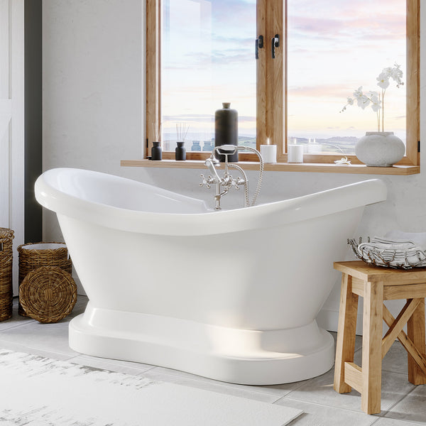 Acrylic Double Slipper Pedestal Soaking Tub with Complete Brushed Nickel Plumbing package. - ADES-PED-463D-6-PKG-BN-7DH