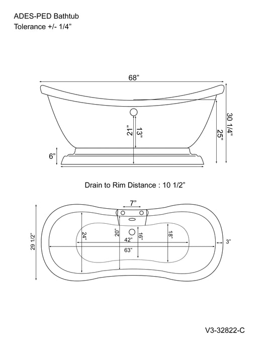 Acrylic Double Slipper Pedestal Soaking Tub with Complete Brushed Nickel Plumbing Package - ADES-PED-684D-PKG-BN-7DH