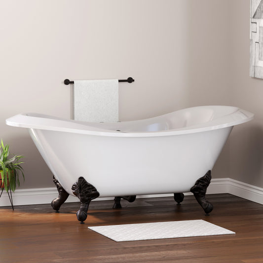 Extra Large Acrylic Double Slipper Clawfoot Tub, Oil Rubbe Bronze Feet and Deck Mount Faucet Holes - ADESXL-DH-ORB