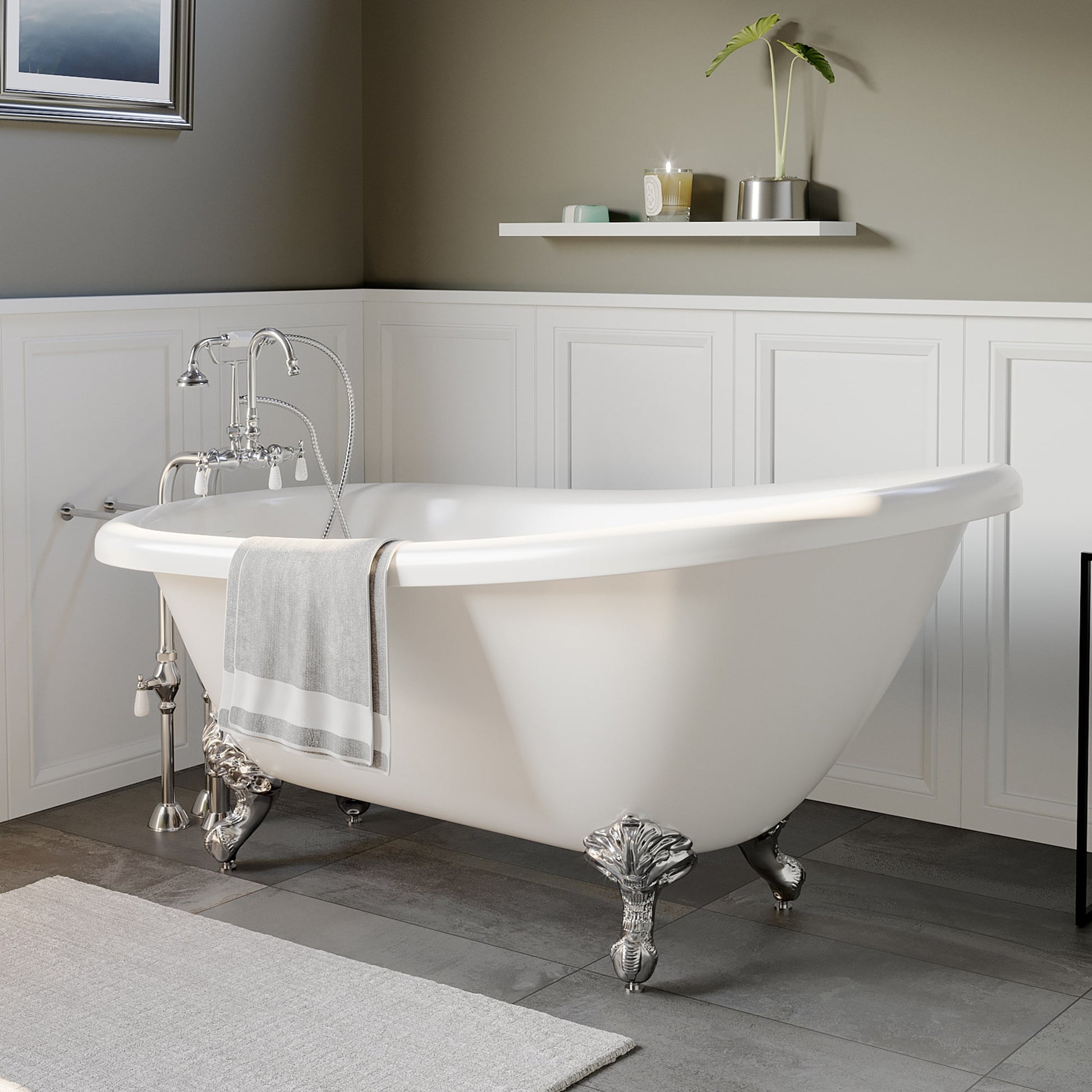 61 Inch Acrylic  Slipper Bathtub with and Complete Polished Chrome Plumbing Package - AST61-398684-PKG-CP-NH