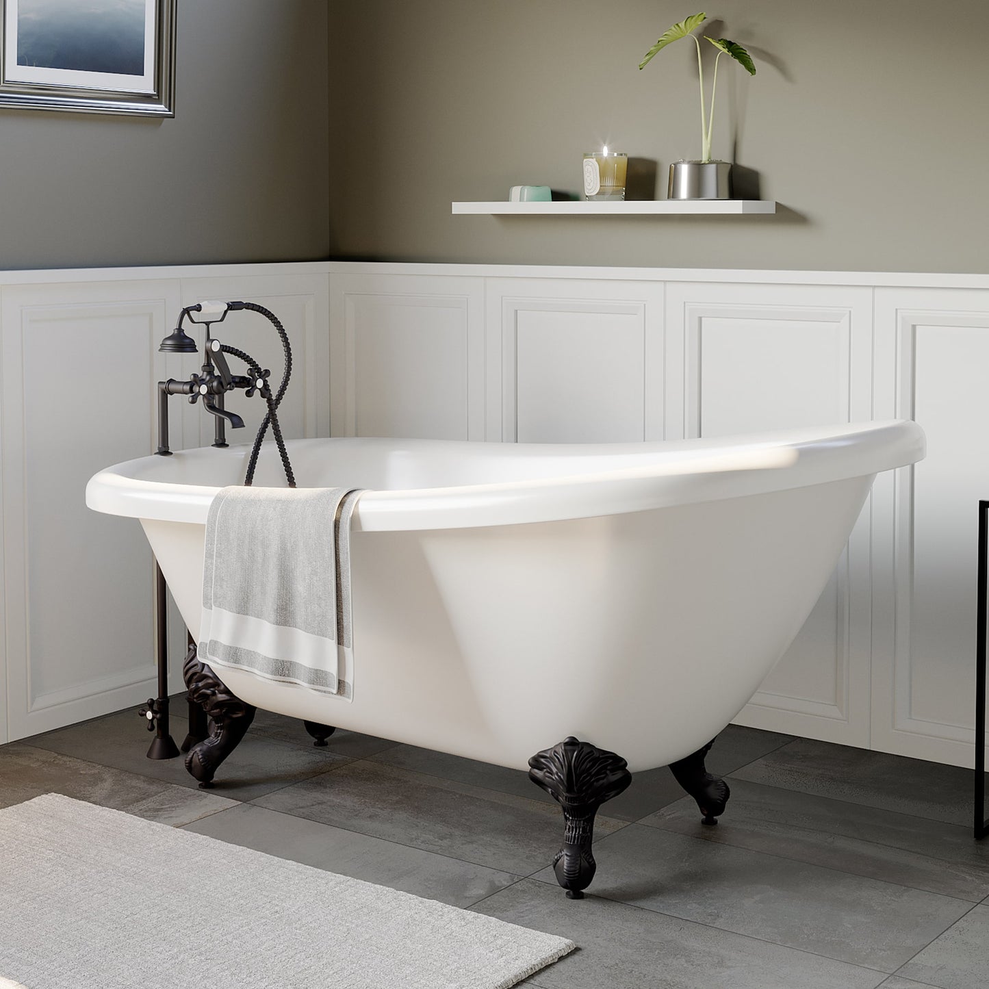 61 Inch Acrylic  Slipper Soaking Tub with and Complete Polished Chrome Plumbing Package - AST61-463D-6-PKG-ORB-7DH