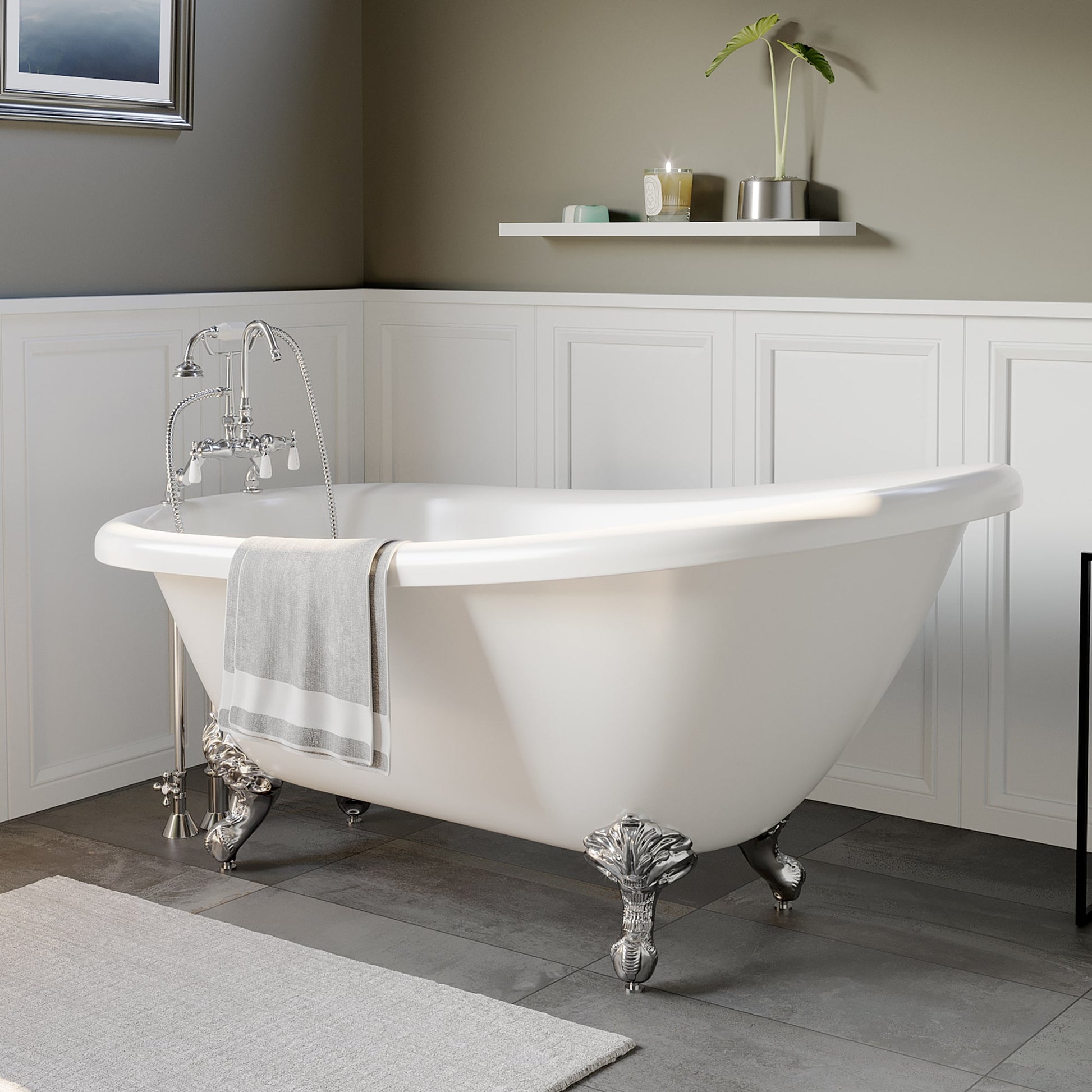 61 Inch Acrylic  Slipper Bathtub with and Complete Polished Chrome Plumbing Package - AST61-684D-PKG-CP-7DH