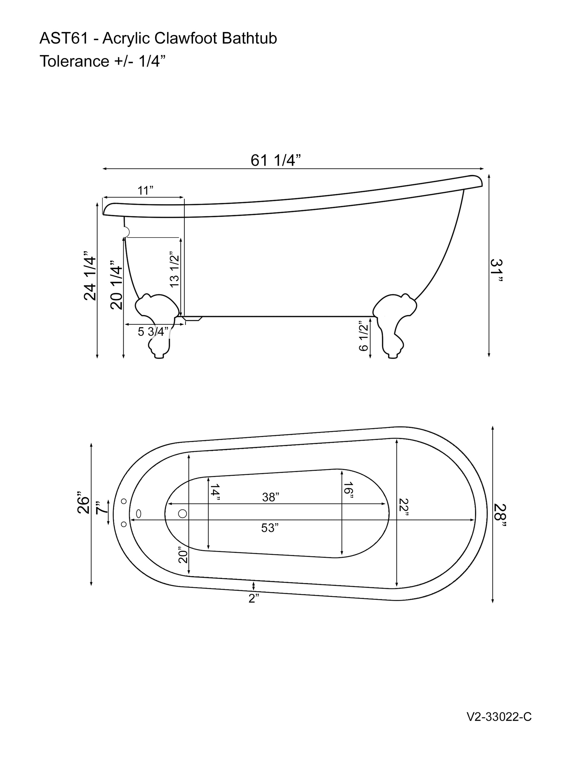 61 Inch Acrylic  Slipper Soaking Tub with deckmount faucet holes and Oil Rubbed Bronze Feet - AST61-DH-ORB