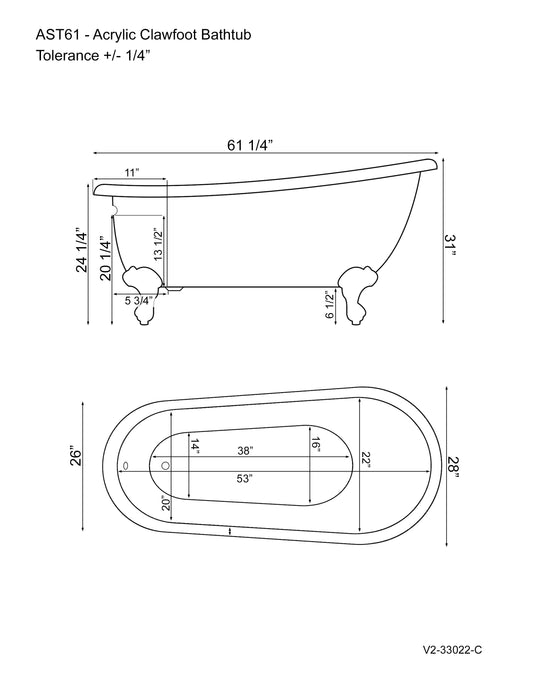 61 Inch Acrylic  Slipper Bathtub with and Complete Polished Chrome Plumbing Package - AST61-398463-PKG-CP-NH