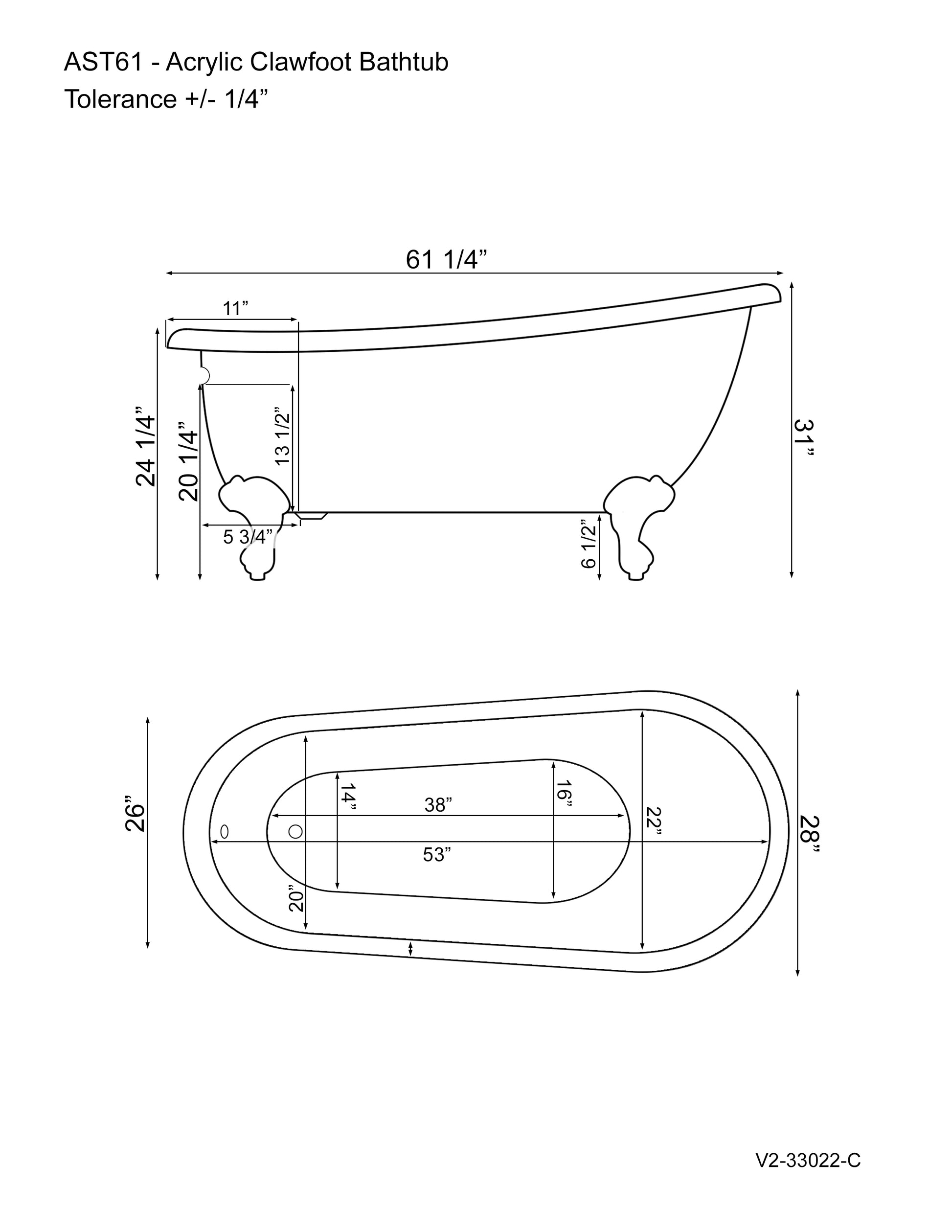 Acrylic Slipper Soaking Tub with Continuous Rim and Brushed Nickel Feet - AST61-NH-BN