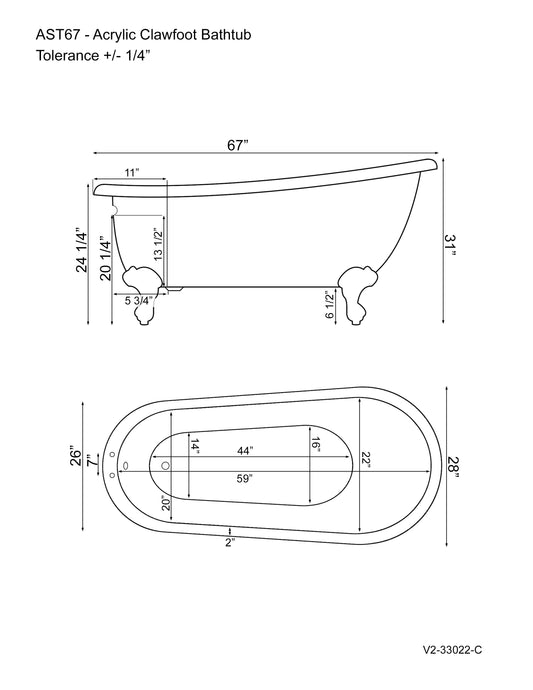 Acrylic Clawfoot Slipper Soaking Tub with and Brushed Nickel Plumbing Package - AST67-463D-2-PKG-BN-7DH