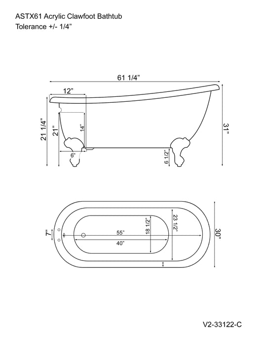 Extra wide Acrylic Clawfoot Slipper tub with Faucet Holes and Polished Chrome Feet - AST61XL-DH-CP