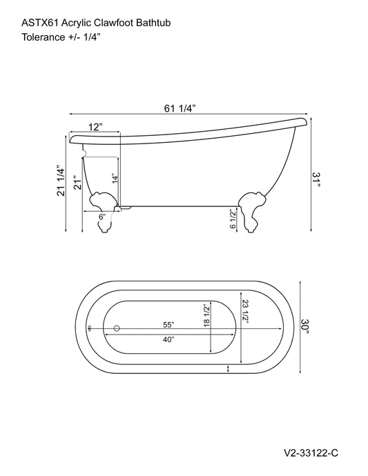 Extra Wide Acrylic Slipper Tub Without Faucet Holes and Brushed Nickel Claw Feet - AST61XL-NH-BN