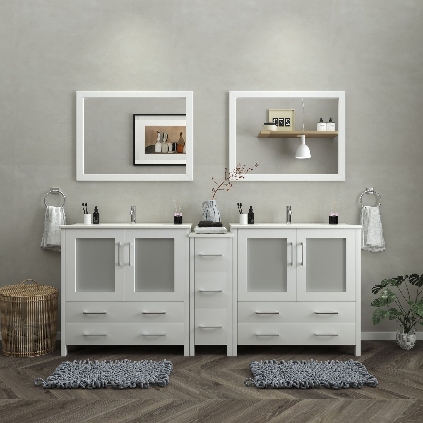 84 Inch Double Sink Bathroom Vanity in White with Ceramic Countertop - Vanity Art VA3036-84W