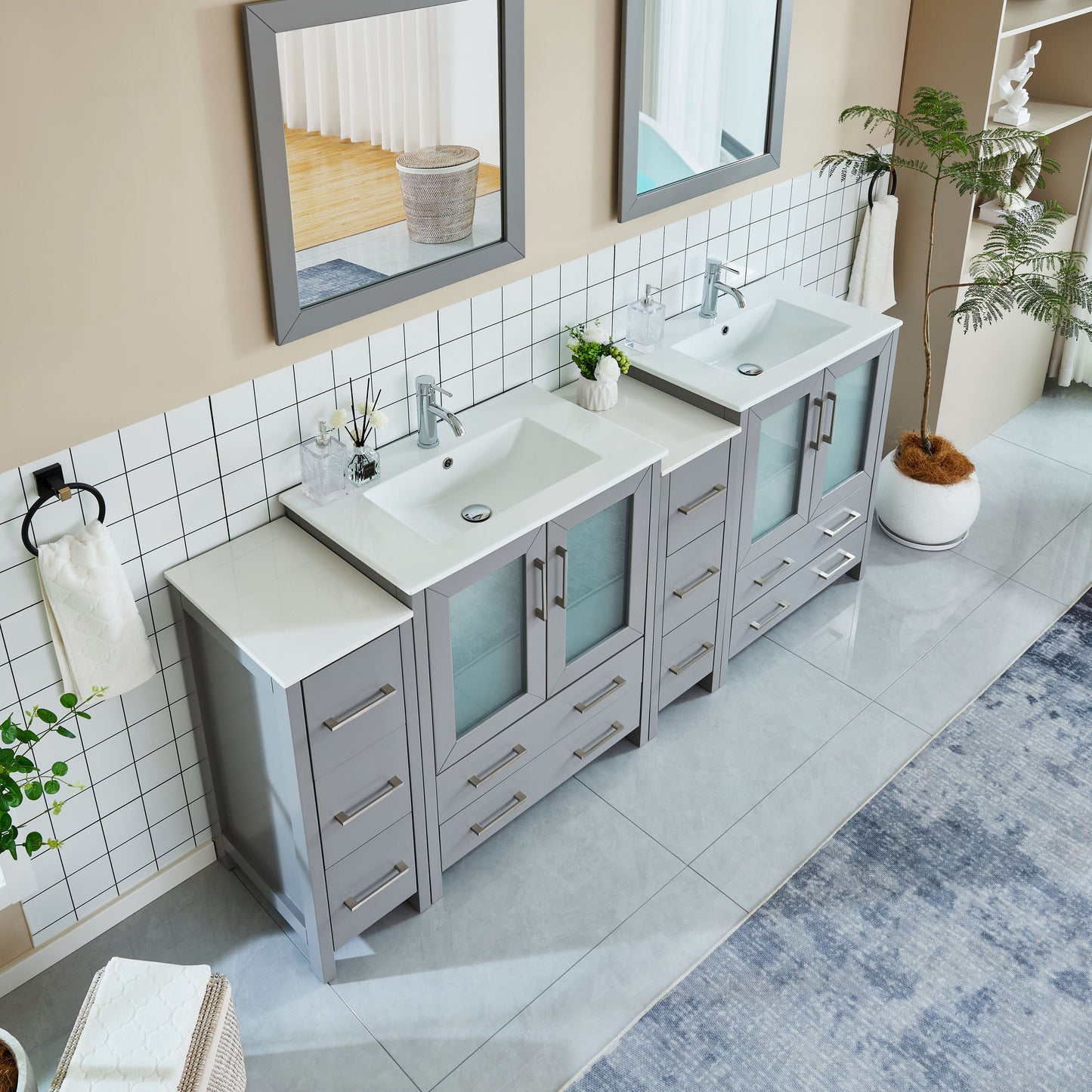 84 Inch Double Sink Bathroom Vanity in Gray with Ceramic Countertop - Vanity Art VA3030-84G