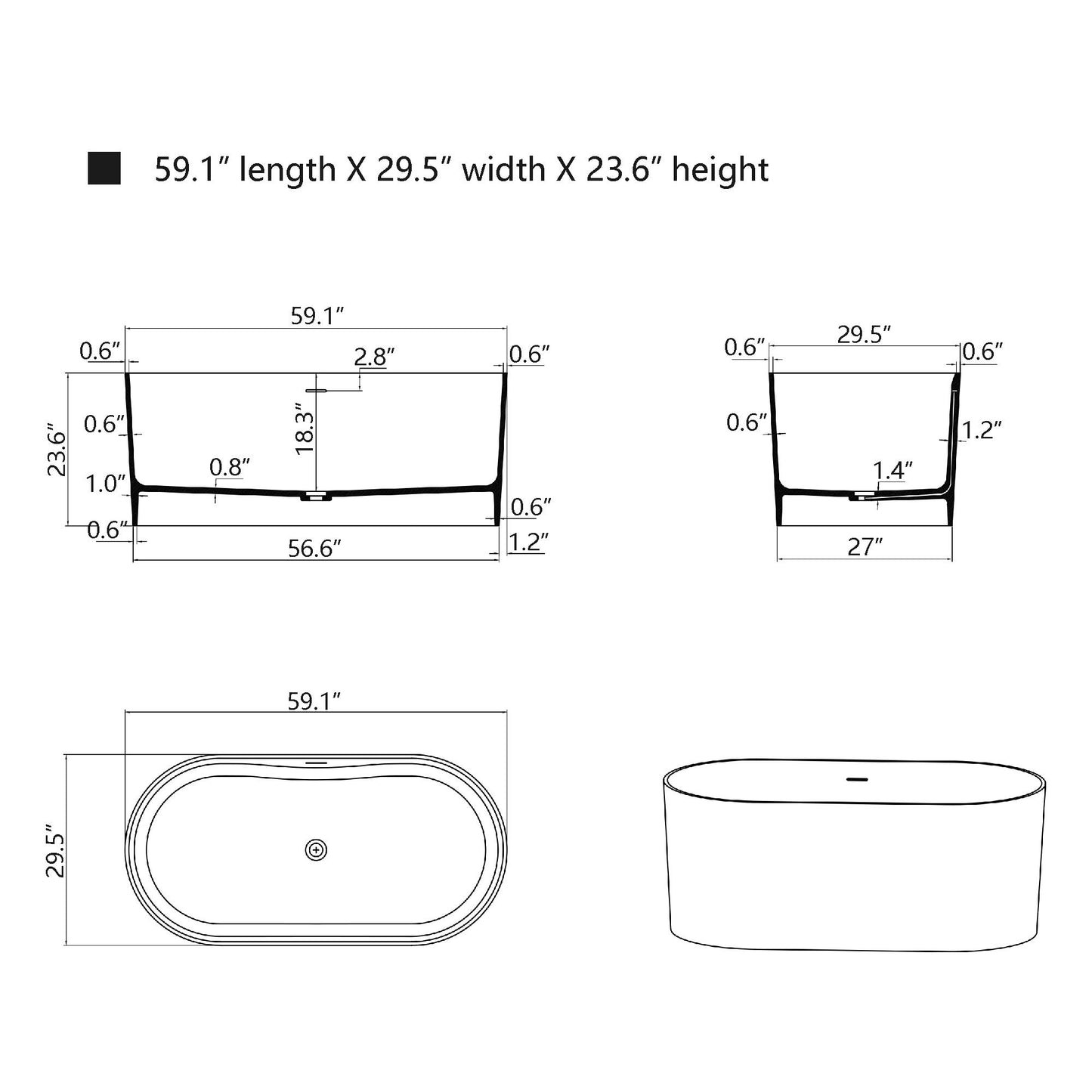 Freestanding Solid Surface Resin Glossy Bathtub 59 Inch x 29.5 Inch - Vanity Art VA6920-GS