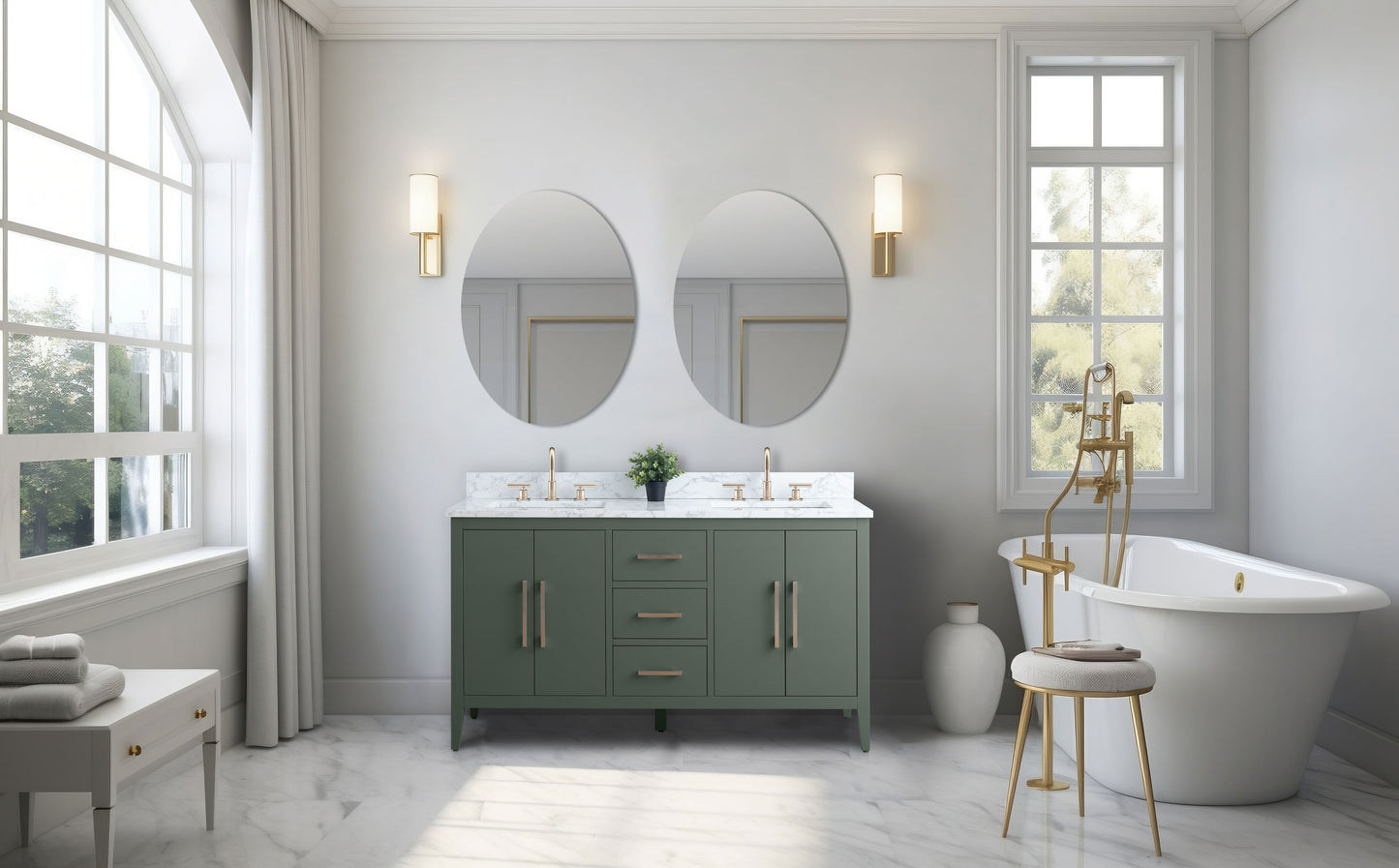 60 Inch Double Sink Bathroom Vanity in Vintage Green with Marble Countertop - Vanity Art VA9060-DVG