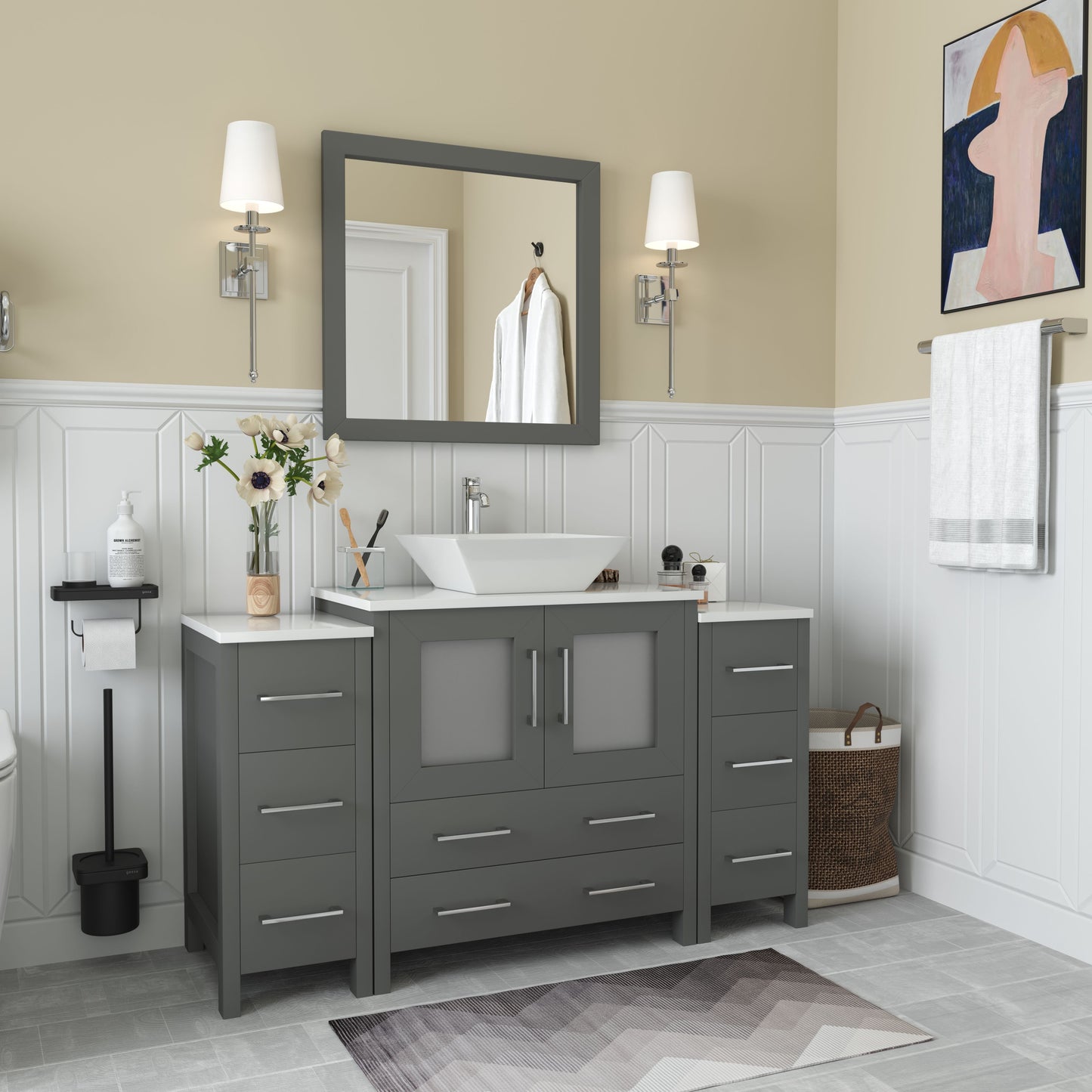 54 Inch Single Sink Bathroom Vanity in Gray with Marble Countertop - Vanity Art VA3130-54G