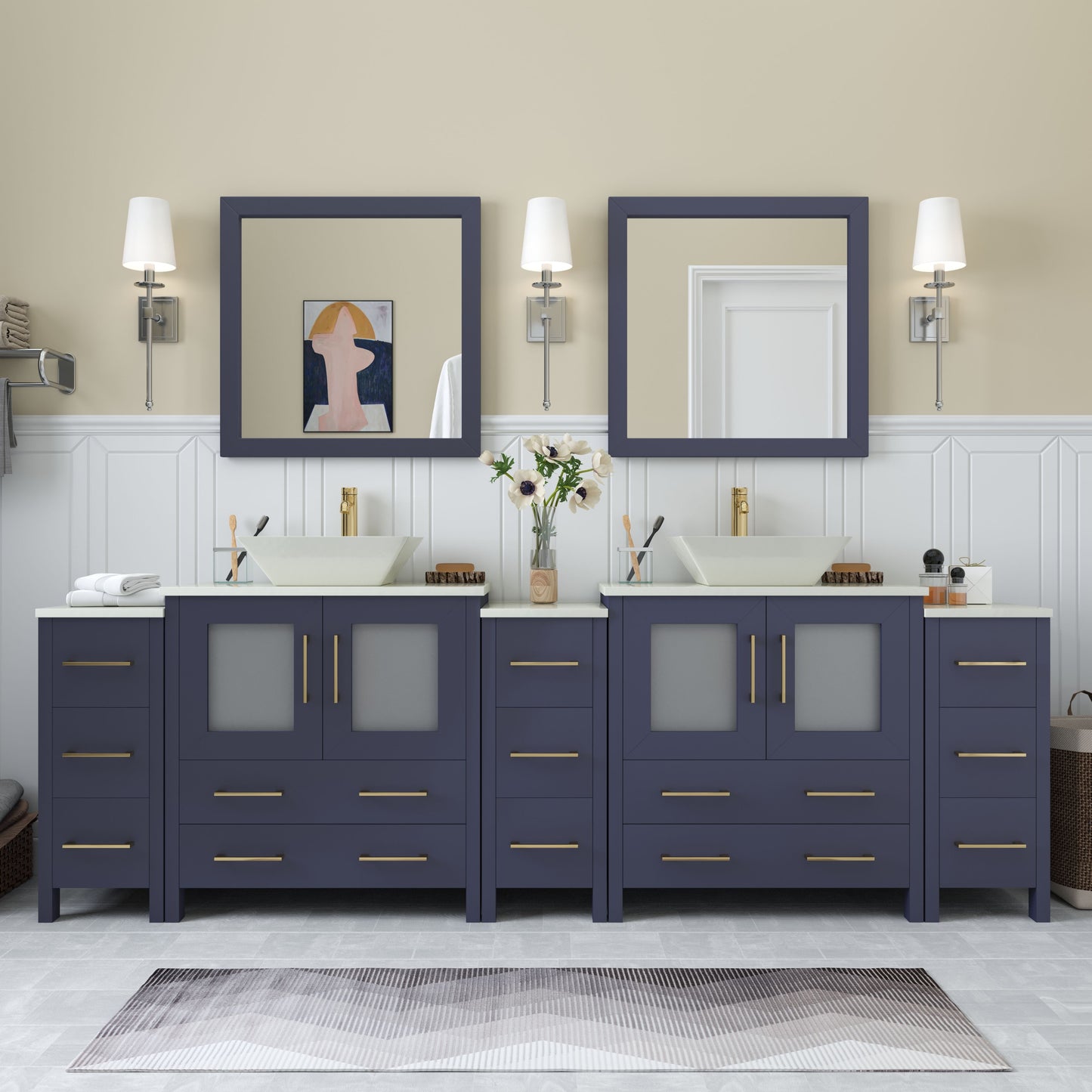 96 Inch Double Sink Bathroom Vanity in Blue with Marble Countertop - Vanity Art VA3130-96B