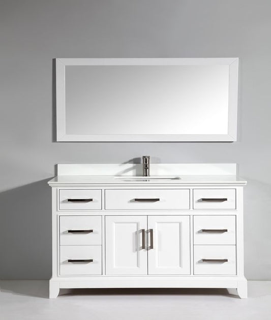 60 Inch Single Sink Bathroom Vanity in White with White Marble Countertop - Vanity Art VA1060SW