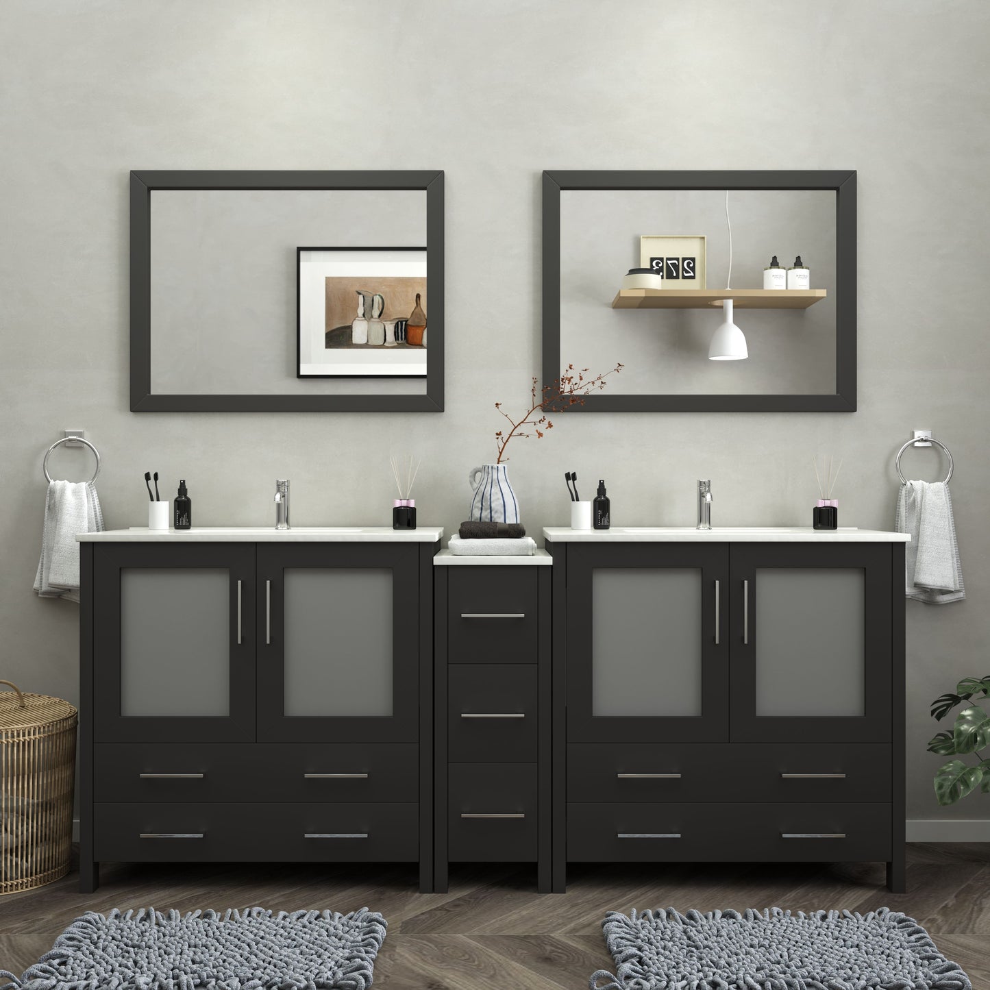 84 Inch Double Sink Bathroom Vanity in Espresso with Ceramic Countertop - Vanity Art VA3036-84E