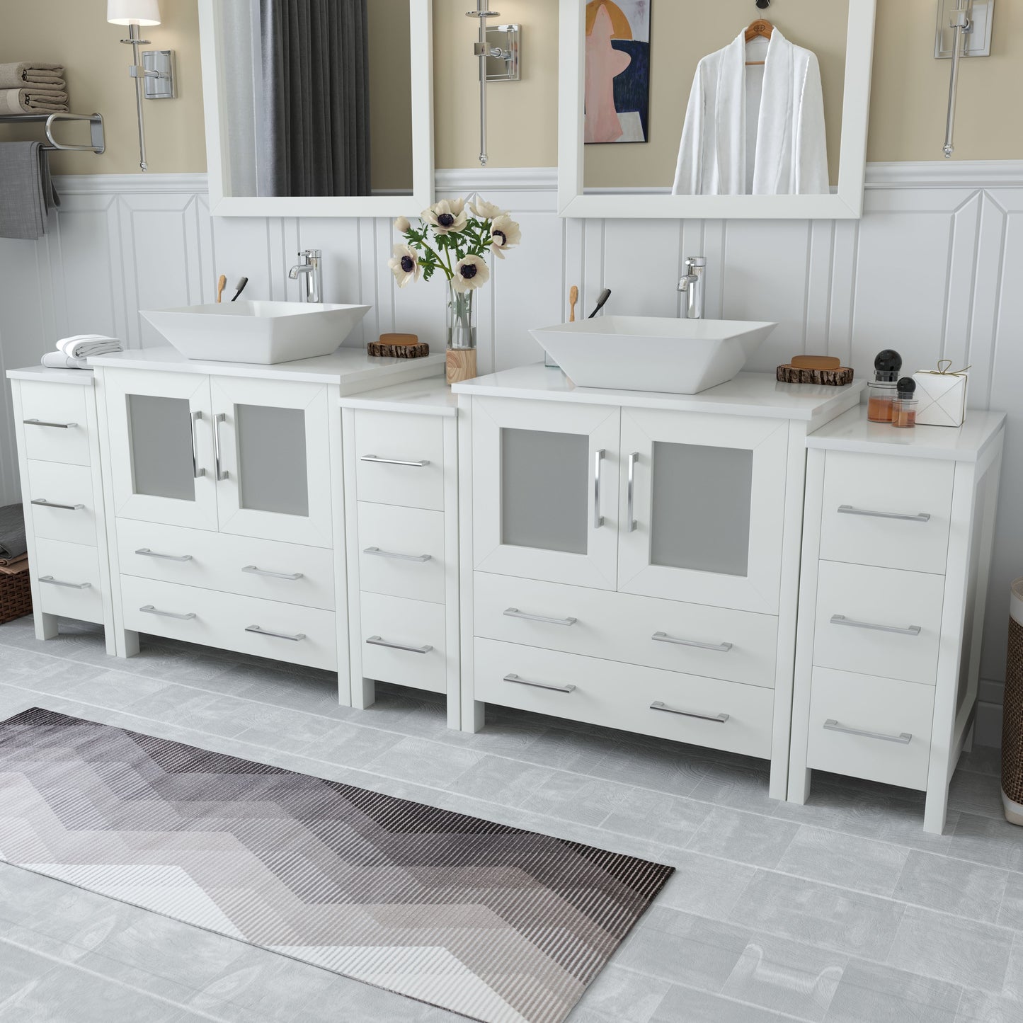 96 Inch Double Sink Bathroom Vanity in White with Marble Countertop - Vanity Art VA3130-96W