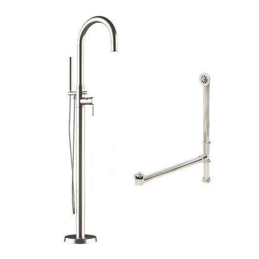 Complete Plumbing Package for Freestanding Tubs With No Faucet Holes - Modern Gooseneck Style Faucet With Hand Held Wand Shower and Supply Lines + Drain and Overflow Assembly in Brushed Nickel (CAM150-PKG-BN)