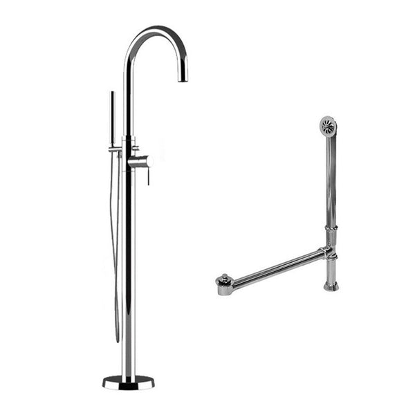 Complete Plumbing Package for Freestanding Tubs With No Faucet Holes - Modern Gooseneck Style Faucet With Hand Held Wand Shower and Supply Lines + Drain and Overflow Assembly in Brushed Nickel (CAM150-PKG-CP)