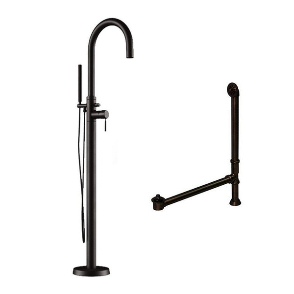 Complete Plumbing Package for Freestanding Tubs With No Faucet Holes - Modern Gooseneck Style Faucet With Hand Held Wand Shower and Supply Lines + Drain and Overflow Assembly in Oil Rubbed Bronze Finish (CAM150-PKG-ORB)