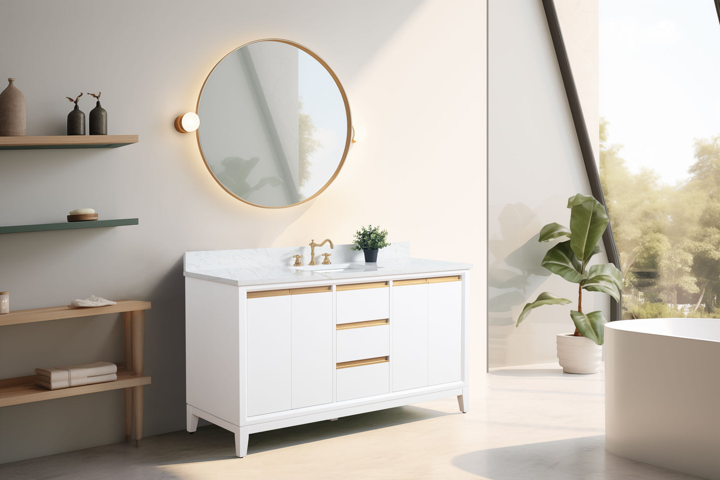 60 Inch Single Sink Bathroom Vanity in White with Marble Countertop - Vanity Art VA8060-SW