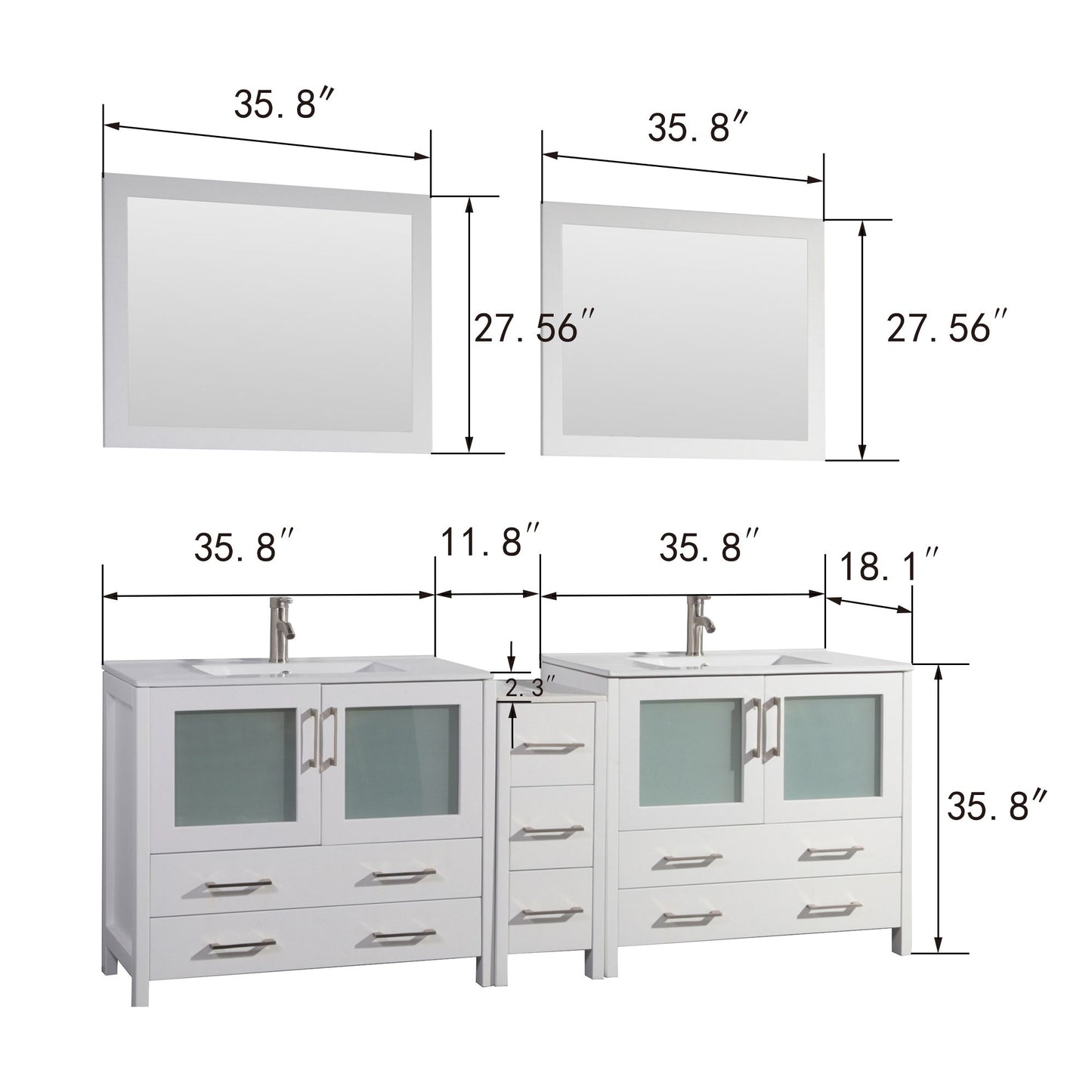 84 Inch Double Sink Bathroom Vanity in White with Ceramic Countertop - Vanity Art VA3036-84W