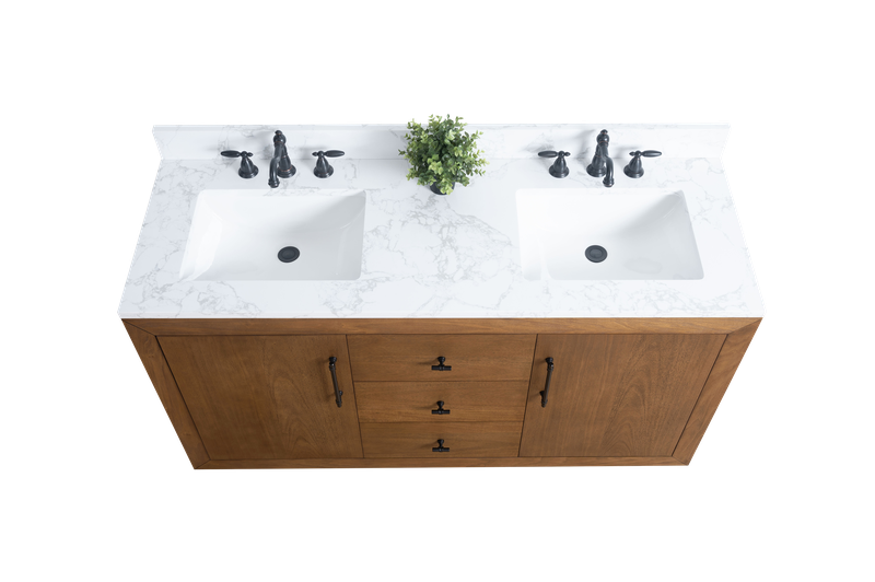 60 Inch Double Sink Bathroom Vanity in Tan with Marble Countertop - Vanity Art VA7060-DT-ET