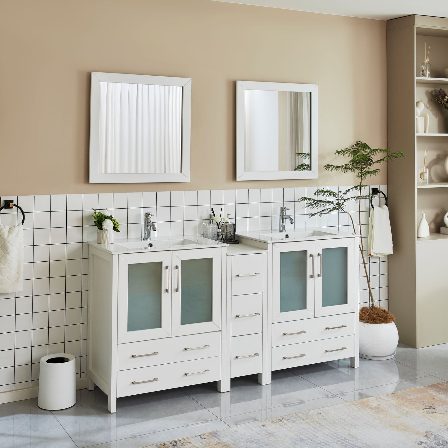 72 Inch Double Sink Bathroom Vanity in White with Ceramic Countertop - Vanity Art VA3030-72W