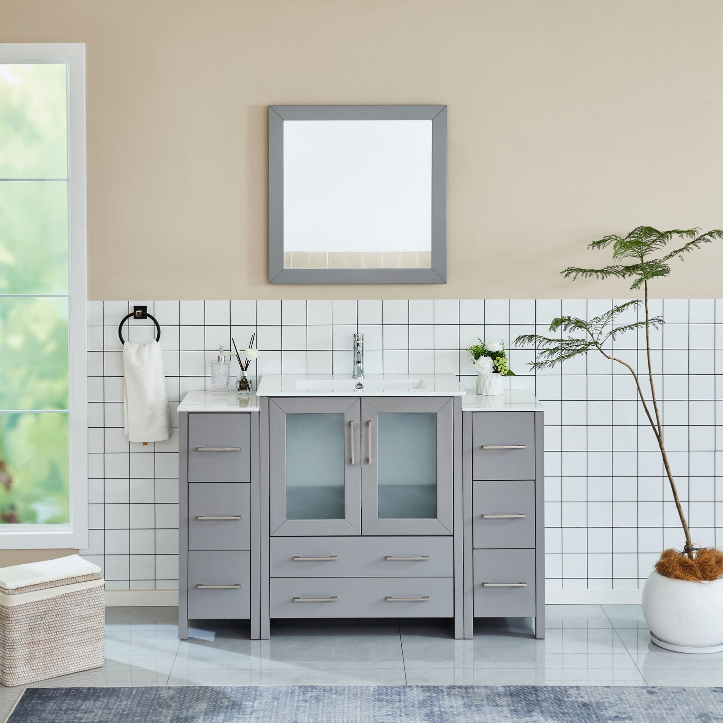 54 Inch Single Sink Bathroom Vanity in Gray with Ceramic Countertop - Vanity Art VA3030-54G