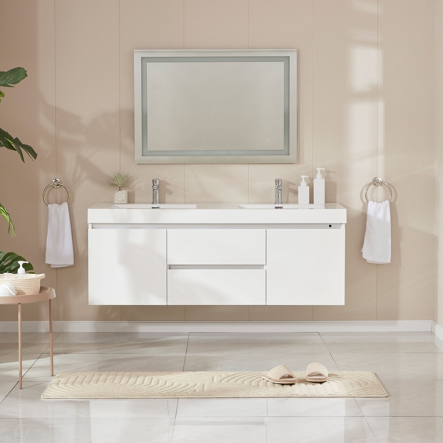 60 Inch LED Lighted Wall Hung Double Sink Bathroom Vanity in White with Resin Top - Vanity Art VA6060DWL